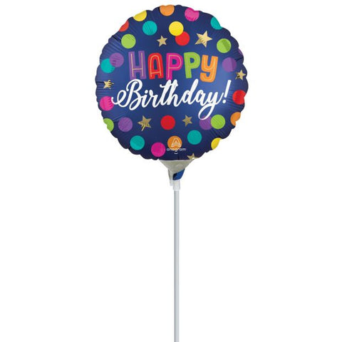 Foil Balloon 9" - Satin Happy Birthday Blue Confetti - Air fill