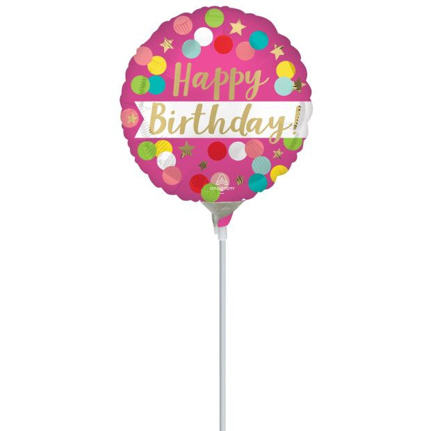 Foil Balloon 9" - Satin Happy Birthday Pink Confetti - Air fill