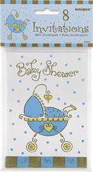 Invites - Baby Shower Invitations Baby Pram Blue Pk 8