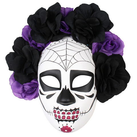 Mask - Sugar Skull w/Flowers (Black/Purple)
