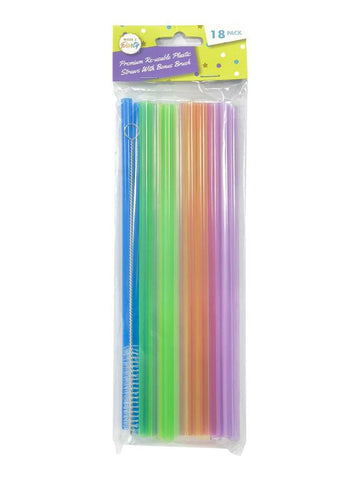 Reusable Plastic Straws - W/Cleaning Brush Pastel Colour Series 18pk
