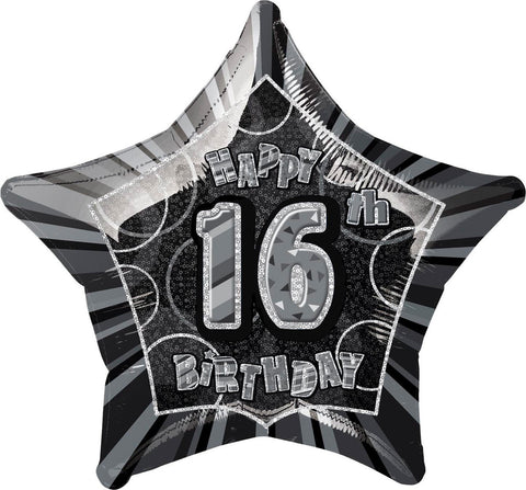 Foil Balloon 18" - Happy 16th Birthday Black Star Shape