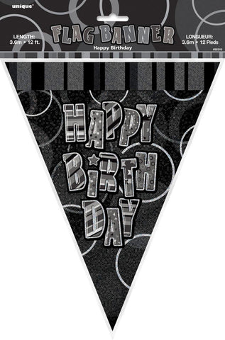 Flag Bunting - Glitz Black And Silver Happy Birthday 3.65M