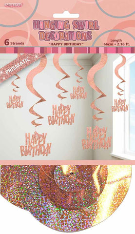Hanging Swirl - Glitz Rose Gold 6 Prismatic Hanging Swirls 66cm - Happy Birthday