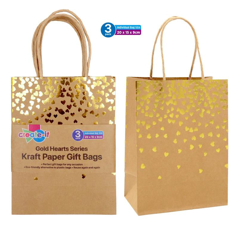 Craft Gift Bags  - Gold Heart (Brown) Series 3PK