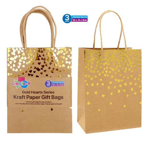 Craft Gift Bags  - Gold Heart (Brown) Series 3PK