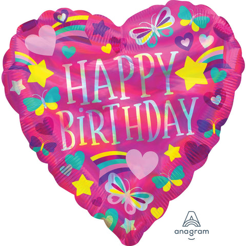 Foil Balloon 18" - Holographic Iridescent Happy Birthday Rainbow Hearts