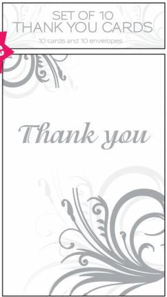 Thank You Cards w/Envelopes - Silver Swirl Pk 10