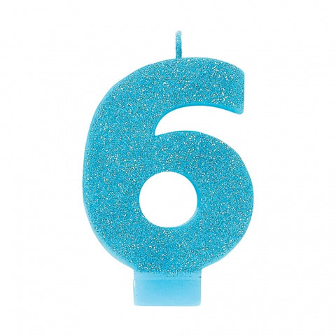 Candle - #6 Blue Glitter Numeral Candle