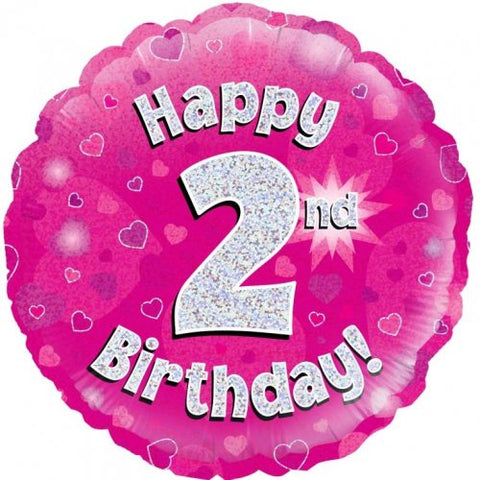 Foil Balloon 18" - Pink Holographic Happy 2nd  Bday Oaktree