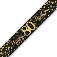 Banner - Happy 80th Birthday Holographic Black & Gold”