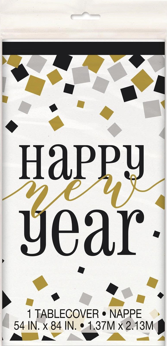 New Year Tablecover - Black, Gold & Silver Happy New Year Tablecover 137cm X 213cm (54" X 84")
