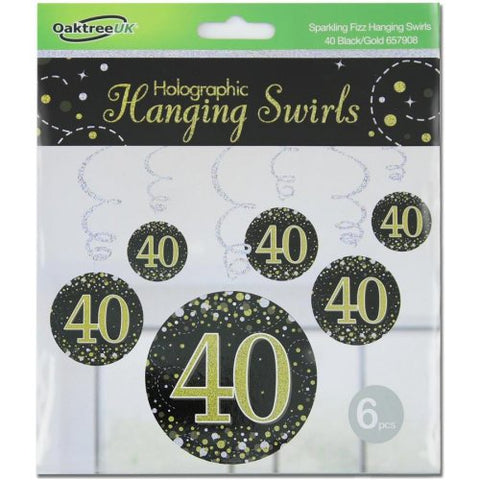 Hanging Swirl - Sparkling Fizz 40th Black/Gold Pack 6