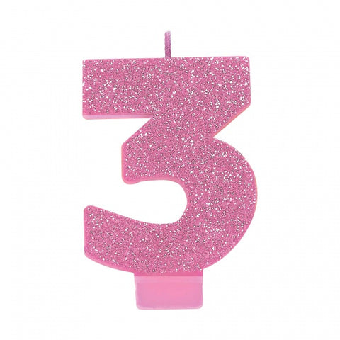 Candle - #3 Pink Glitter Numeral Candle