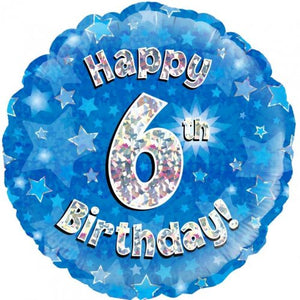 Foil Balloon 18" - Blue Holographic Happy 6th Bday Oaktree