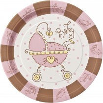 Paper Plates - Baby Shower Baby Pram Pink Pk 8