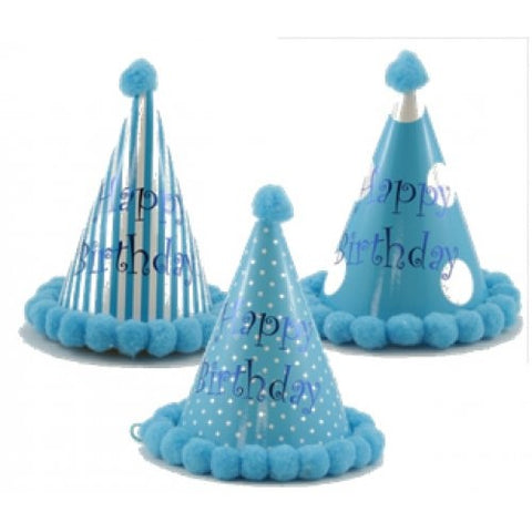 Party Hat - Pom Pom Asstd Blue Happy Birthday