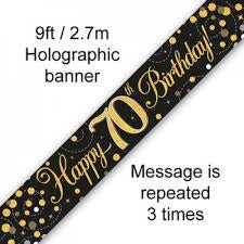 Banner - Happy 70th Birthday Holographic Black & Gold”