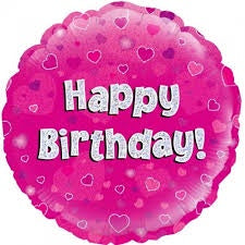 Foil Balloon 18" - Happy Birthday Pink & Heart Printed Holographic Pink