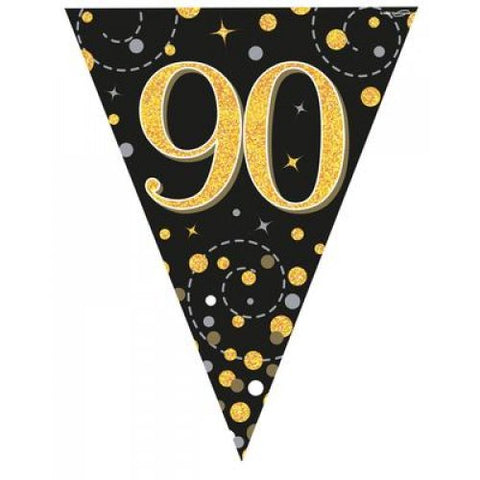 Flag Bunting - 90th Sparkling Fizz Birthday Black & Gold