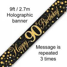Banner - Happy 90th Birthday Holographic Black & Gold”