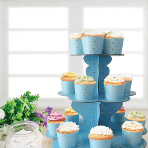 Cupcake Stand - 3 Tier Blue & Gold Foil Dots