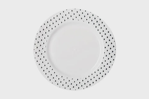 Reusable Plastic Plates - 260mm Heavy Duty Dinner Plate With Silver Dot Rim