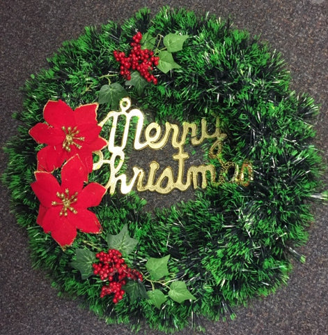 Tinsel Wreath - Green Tinsel & Merry Christmas