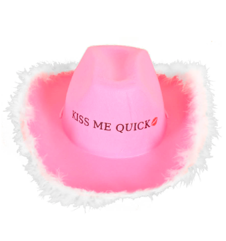 Hat - Hens Kiss Me Quick Cowboy Hat (White Feathers)