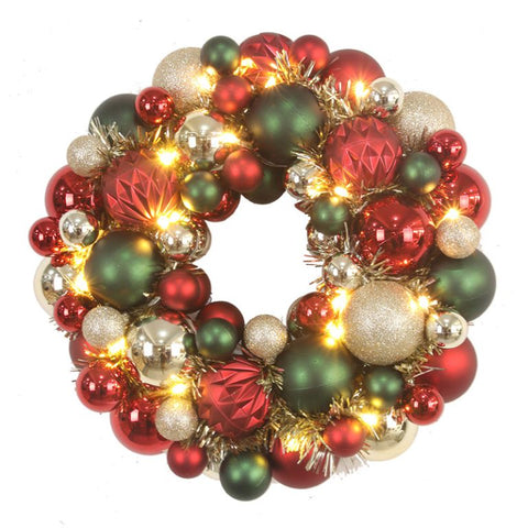 Christmas Wreath - Multi colour Bauble Wreath with Tinsel and 20 Warm White LED Lights