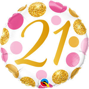 Foil Balloon 18" - Qualatex 21 Birthday Pink and gold dot