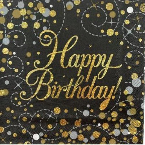 Napkins  - Sparkling Fizz Black Gold 33cm "Happy Birthday"