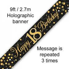 Banner - Happy 18th Birthday Holographic Black & Gold