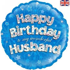 Foil Balloon 18" - Holographic Blue Happy Birthday Husband