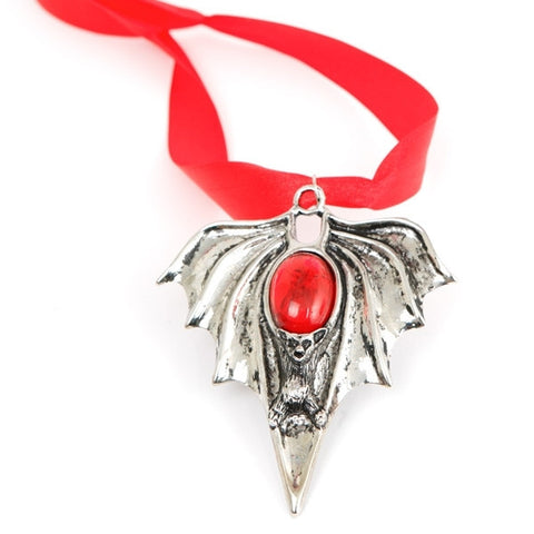 Necklace - Silver Bat w/Red Gemstone Large