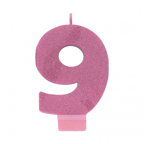 Candle - #9 Pink Glitter Numeral Candle