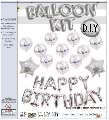 Balloon Kit - DIY Silver HAPPY BIRTHDAY Foil Balloon Bouquet