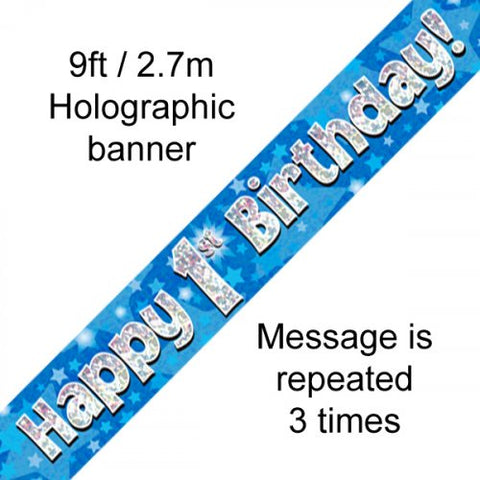 Foil Banner -  Blue Holographic Happy 1st Birthday