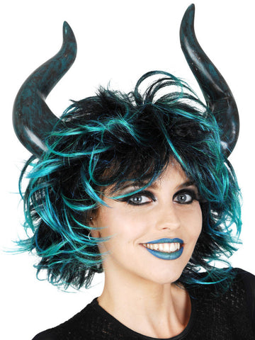 Wig - She Devil w/Horns (Turquoise/Black)