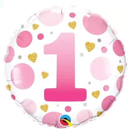 Foil Balloon 18" - Round Age 1 Pink Dots