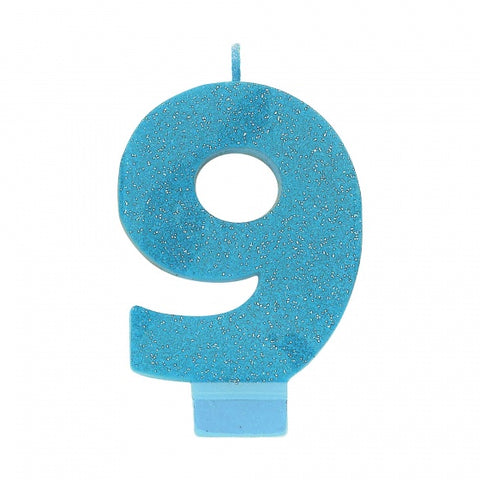 Candle - #9 Blue Glitter Numeral Candle