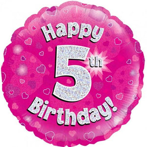 Foil Balloon 18" - Pink Holographic Happy 5th Bday Oaktree
