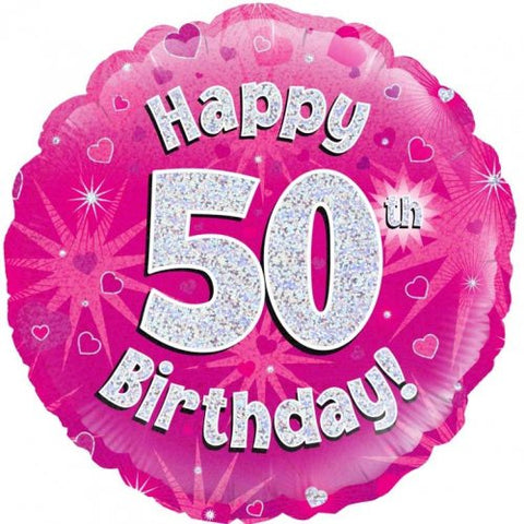 Foil Balloon 18" -  50th Happy Birthday Pink Holographic