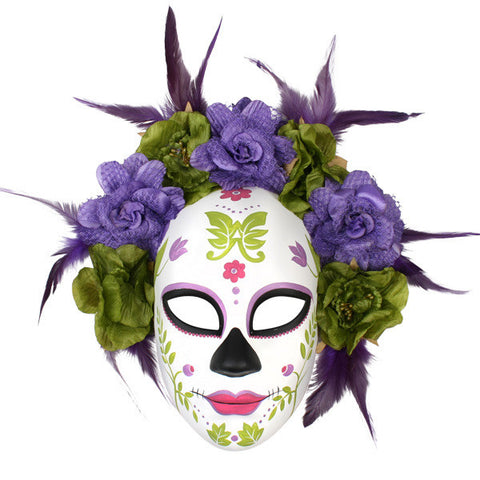 Mask - Sugar Skull w/Flowers & Feathers (Green/Purple)
