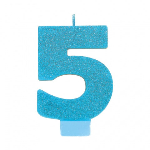 Candle - #5 Blue Glitter Numeral Candle