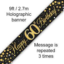 Banner - Happy 60th Birthday Holographic Black & Gold