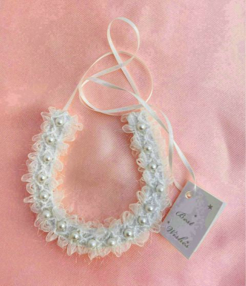 Wedding Horseshoe - Bridal Charm with White Lace and Pearl