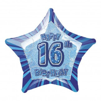 Foil Balloon 18" - Happy 16th Birthday Blue Star Shaped