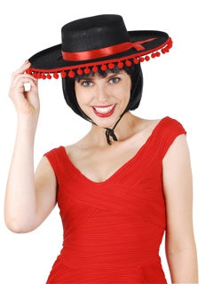 Spanish Hat - Black With Red Pom Poms