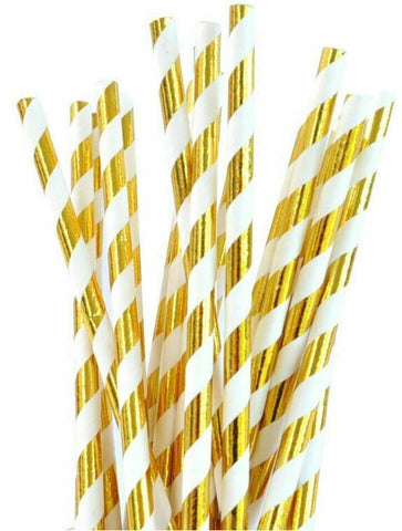 Paper Straws - Gold Foiled Striped Straws Pk20